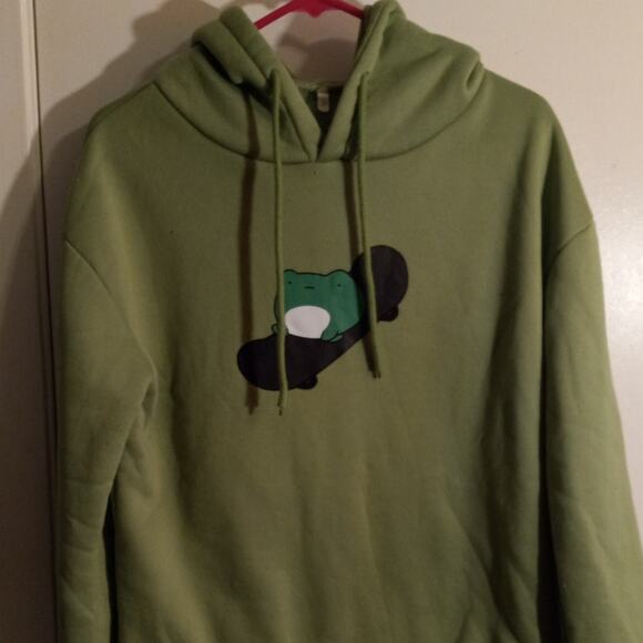 Kawaii Green Animal Patch Hoodie S Fleece Lined Pullover Sweatshirt Bear Frog - Picture 2 of 6